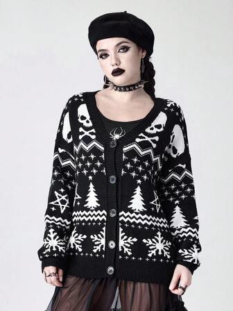Goth Cárdigan holgado de punto con diseño de árbol de Navidad y calavera en estilo gótico oscuro