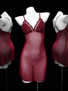 Sexy Spitze Patchwork transparentes Mesh Nachthemd - Bordeaux - Übersicht 6