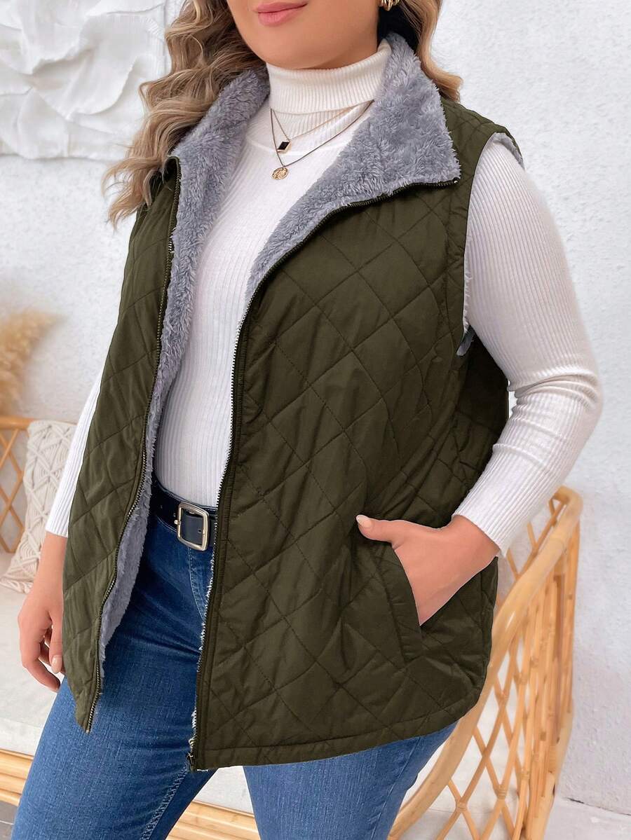 SHEIN LUNE 加大码绗缝拉链棉背心,秋冬保暖 - 軍綠色 - 查看 1