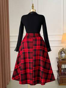 Rometta Plus Size Women's Elegant Plaid Flared Skirt, Christmas