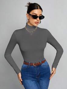 Tall Blusa blanca de cuello alto y silueta delgada, adecuada para otoño e invierno - Gris - Ver 7