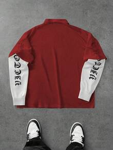 Manfinity Campus Court Áo thun polo lưới in họa tiết khối màu dài tay dành cho nam - Đỏ - Xem 2