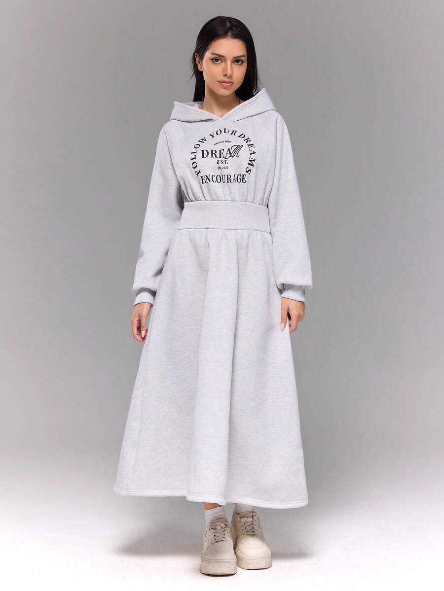 少女休闲百搭日常学院风字母印花连帽束腰长袖运动衫连衣裙 - 灰色 - 查看 1