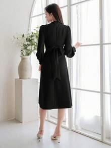 DAZY Women's Elegant Hollow-Out Puff Sleeve Midi Dress, Solid Color, Autumn Elegant,Fall Women Clothes Long Sleeve Dress - Black - View 2