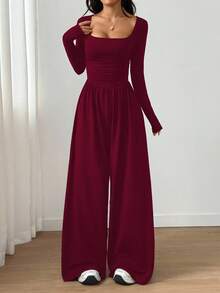 SHEIN Unity 1 件女式方领纯色修身优雅长袖连体裤 - 酒紅色 - 查看 5