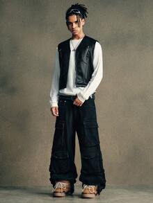 AXEPEAK Men's Fashion Casual PU Leather Zip-Up V-Neck Vest - Black - View 3