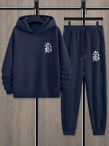 Manfinity Homme 男士皇冠字母B印花休闲卫衣和运动裤两件套，秋季舒适秋冬装，长袖上衣，圣诞礼物，保暖连帽衫和裤子 - 藏蓝色 - 查看 3