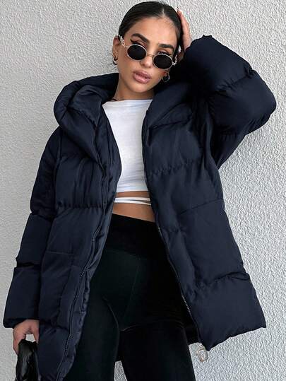 EURMUSE Women's Solid Color Long Sleeve Zipper Front Casual Pocket Hooded Winter Jacket Puffer Jacket Outerwear Women Winter Coat Women Winter Clothes Long Jacket For Women