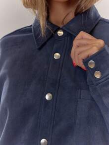 MUSERA Suede Drop Shoulder Seam Detail Popper Through Shirt Everyday Cosy Going Out Fall Autumn Winter Blue Elegant