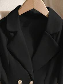 女孩休闲舒适温柔优雅百搭日常V领纽扣褶边修身夹克 - 黑色 - 查看 3