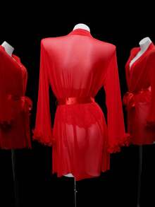 3pcs/Set Christmas Mesh Lace Wireless Sexy Bodysuit Lingerie Set For Women - Red - View 7