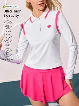 CourtClass Women's Colorblock Heart Print Long Sleeve Polo Collar Fitted Casual Sports Tennis Polo Shirt, Suitable For All Seasons Golf Tops For Woman Long Sleeve Workout Shirt Women Workout Blouse Tennis Clothes For Women Long Sleeve Tennis Shirt