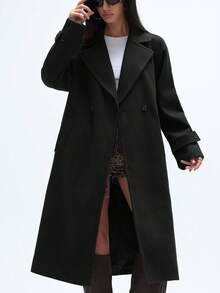 GENKIRA 秋冬新款宽松柔软羊毛大衣女装，优雅风范 - 黑色 - 查看 6