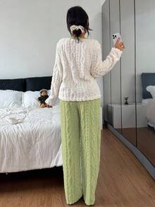 SHEIN Women's Colorblock Textured Fleece Bow Decor Long Sleeve Top & Pants Fluffy Cozy Pajama Clothes Set, Winter