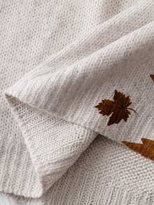 Linhara Plus Size Women Casual Maple Leaf Pattern Raglan Sleeve Loose Pullover Sweater, Autumn/Winter - Brown - View 6