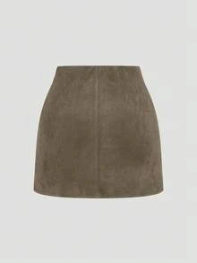 Sweetra Plus Size Pleated Asymmetric Zipper Decor Faux Suede Short Skirt, Minimalist Commuter Style, Autumn/Winter - Grey - View 2