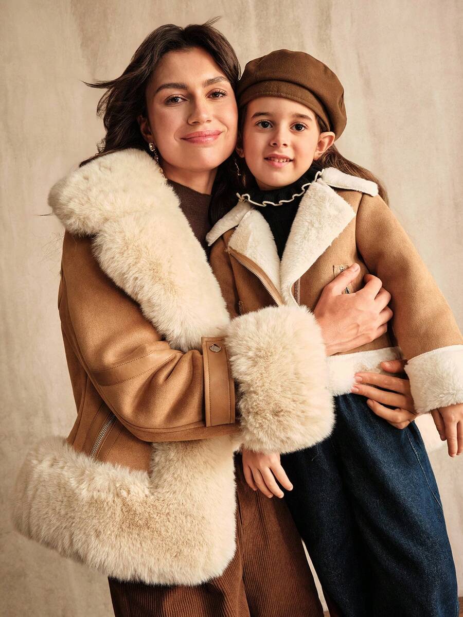 SHEIN 女童秋冬羊毛领夹克，时尚简约通勤搭配家庭装，拉链装饰长袖，加高 - 駝色 - 查看 1