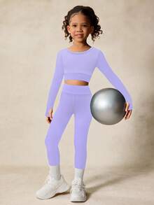 Komplet odzieży sportowej dla młodych dziewcząt, bardzo elastyczny, z długim rękawem, z krzyżowym wzorem na plecach, z wycięciami na plecach, na powrót do szkoły, na co dzień