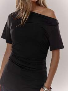 MUSERA 收腰宽松露肩T恤，休闲度假必备单品，露肩上衣，假日机场夜生活外出上衣，性感秋冬优雅 - 黑色 - 查看 6