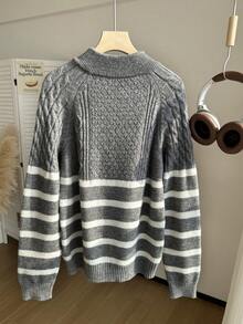 男式半拉链扭绳长袖毛衣 - 灰色 - 查看 2