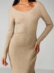 MISSGUIDED Long Sleeve Ribbed Knit Maxi Dress With V Neck Fitted Bodycon Silhouette For Fall Winter - Apricot - View 4