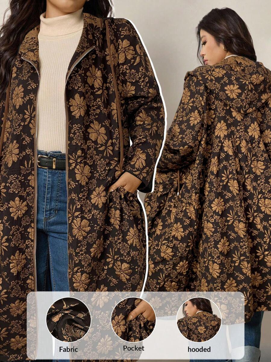 Zelara 加大码时尚纯绿色连帽口袋设计中长款夹克秋季带口袋女式风衣外套冬装 - 棕色 - 查看 1