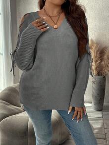 SHEIN Clasi Suéter de manga raglán con cordón para mujer de talla grande para otoño/invierno - Gris - Ver 6