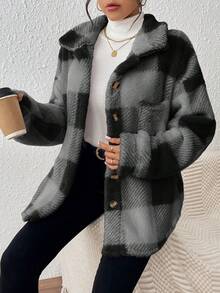 EMERY ROSE Plus Size Women Plaid Drop Shoulder Long Sleeve Single-Breasted Fuzzy Jacket, Autumn/Winter - Dark Grey - View 5