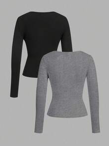 SHEIN EZwear Bộ 2 áo thun cổ vuông dáng ôm tay dài thường ngày cho nữ, màu đen và xám đậm, thu/đông - Nhiều màu - Xem 2