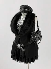 Sunspun Große Größen Damen Schwarze Kragen Ärmellose Kurze Jacke - Schwarz - Übersicht 6