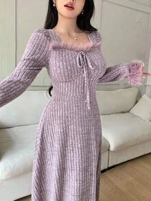 Feyla 女式纯色人造毛皮拼布罗纹长袖连衣裙 - 淡紫色 - 查看 5