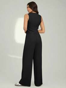 SHEIN Tall Women's Solid Color V-Neck Sleeveless Waisted Casual Suit, Summer In Fall/Winter - Black - View 2