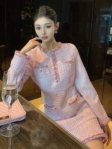 DAZY 女式时尚优雅 Y2K 粗花呢长袖中长连衣裙舞会礼服 - 粉色 - 查看 7