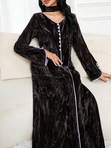 Al Najma 女式 V 领撞色饰边前扣休闲宽松阿拉伯风格连衣裙 - 淺灰紫 - 查看 5