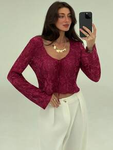 Aloruh Burgundy Sexy Sheer Long Sleeve Tie-Up Fitted Textured Sequin Fuzzy Women Top, Autumn/Winter - Burgundy - View 4