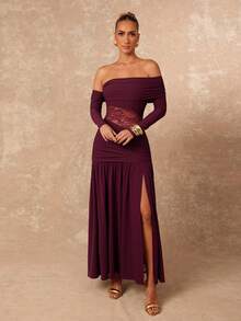 Lumalex Women's Burgundy Autumn Elegant Dining Dress,Asymmetrical Open Shoulder Long Sleeve Lace Patchwork Ruched Bodycon High Slit Formal Prom Party Gown - Burgundy - View 8