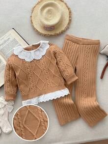 Blossori  Young Girls' French Elegant Faux Collar Lace Patchwork Pullover Sweater & Knit Pants Set, Girl Knit Set, Little Girl Autumn Suit,Cozy Fall & Winter Styles - Khaki - View 3