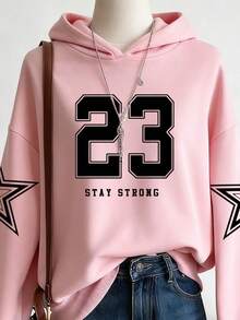 SHEIN 1件少女简约23数字和星星印花长袖卫衣，带字母印花，休闲适合外出、公园散步、聚会和日常穿着 - 很棒的礼物！ - 粉色 - 查看 5