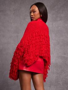NYA SZN Jacket Long Sleeve Crop Loose Oversized Baggy Sleeve Fringe Detail Textured Buttons Everyday Casual Brunch Date Night Out Holiday Gyaru Modest Church Event Special Occasion Fall Winter Statement Valentines Day Outfits For Women - Red - View 2