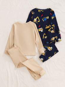 4pcs Young Boy Snug Fit Pajama Set,Cartoon Car Excavator Fire Truck Print Long Sleeve Top & Pants,Autumn Family Matching Cotton Tween Lounge Clothes - Royal Blue - View 2