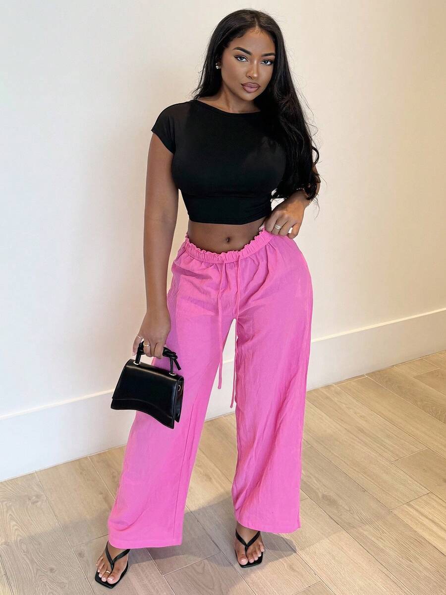 Alexandranx Primavera Novas Calças Femininas de Lazer com Cintura Baixa e Cós Dobrável