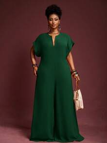 Veslaya 2025年新款复古优雅巧克力色V领短袖阔腿连体裤，大码女装，夏季 - 墨綠色 - 查看 8