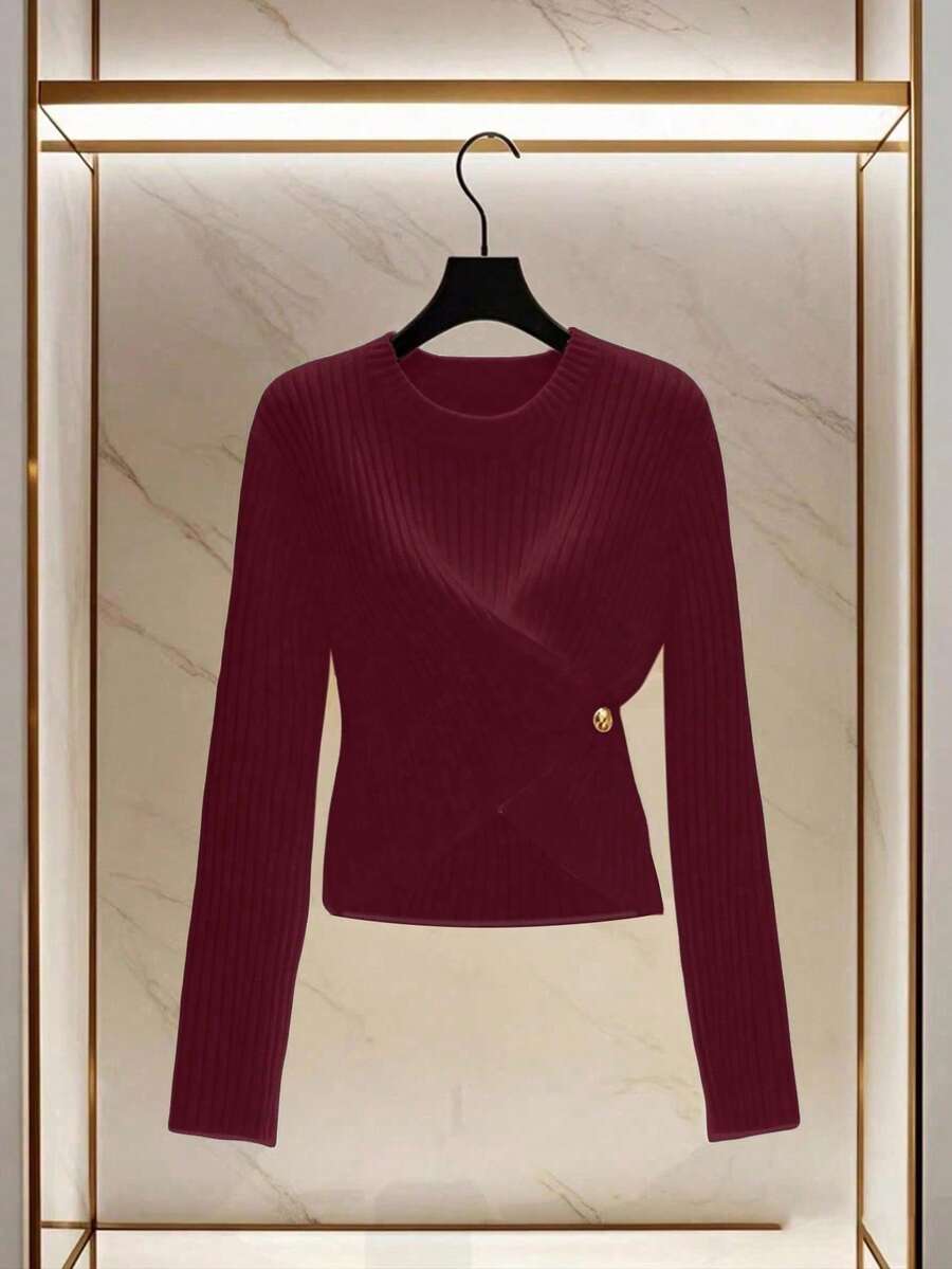 Franclia Áo chui đầu dệt kim thanh lịch dành cho nữ, giản dị & đa năng, phong cách Pháp lãng mạn, mùa thu/đông - Màu Đỏ Sâu - Xem 1