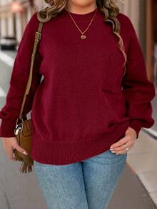 SHEIN CURVE+ Áo len dệt kim gân hở vai màu trơn cỡ lớn, thu/đông - Màu Đỏ Sâu - Xem 5