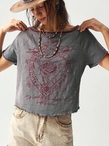 Bohemela Solid Color Knit Crew Neck Short Sleeve Fitted Washed Women T-Shirt - Dark Grey - View 4