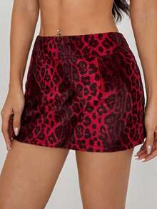 SHEIN MOOSTA 1 pieza Falda de línea A con estampado de leopardo rojo para mujer, uso casual/diario, para ir al trabajo, fiestas, otoño/invierno - Rojo - Ver 4