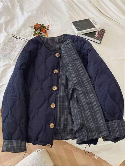 Linhara 加大码绗缝外套，几何绗缝图案，简约通勤风格，格子拼接