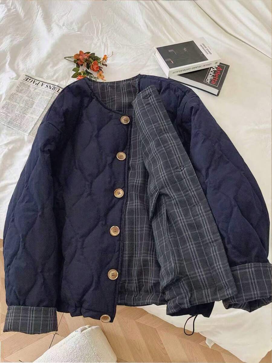 Linhara 加大码绗缝外套，几何绗缝图案，简约通勤风格，格子拼接 - 藏蓝色 - 查看 1