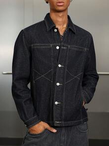 Manfinity EMRG 男士深蓝色牛仔夹克，休闲修身款 - 深色水洗藍 - 查看 3