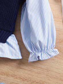 SHEIN Playful Pals Baby Girl Combines Warmth And Fashion Autumn Winter Flare Sleeve Striped 2 In 1 Design Sweater - Royal Blue - View 5